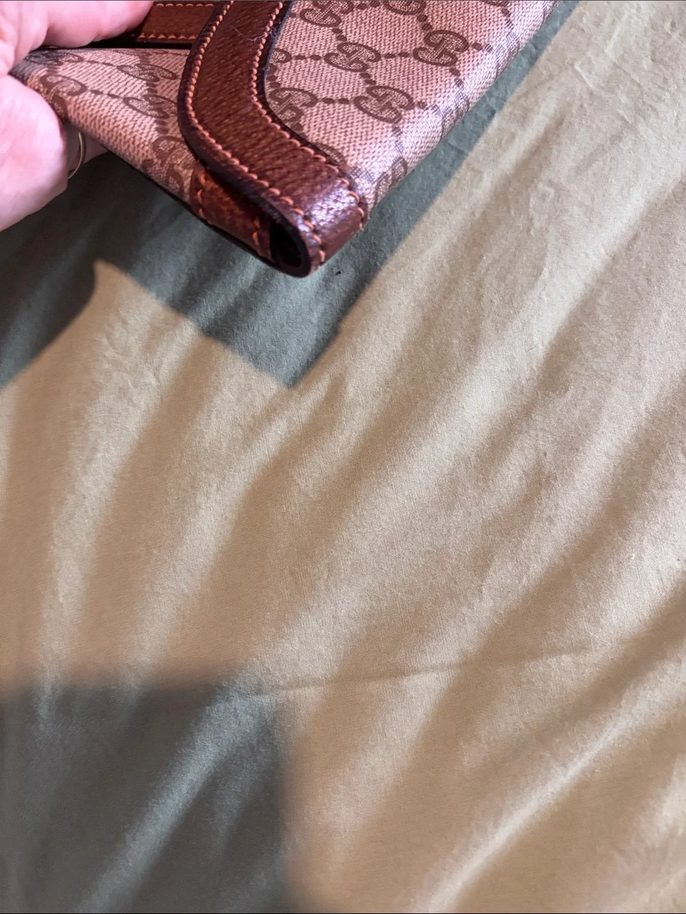 Gucci Beige GG Supreme Envelope Clutch with Brown Leather Trim